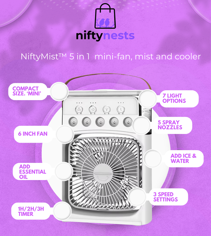 NiftyMist™ 5 in 1  Mini-Fan, Mist and Cooler
